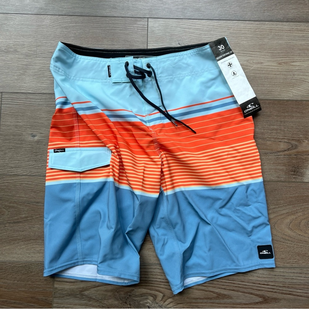 Mens Size 30in O’Neill Board Shorts Blue/Orange Swim Below The Knee